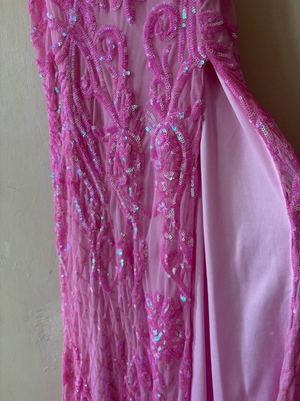 Windsor Pink Sequin Spaghetti-Strap Prom Gown with Thigh Slit - Picture 7 of 12